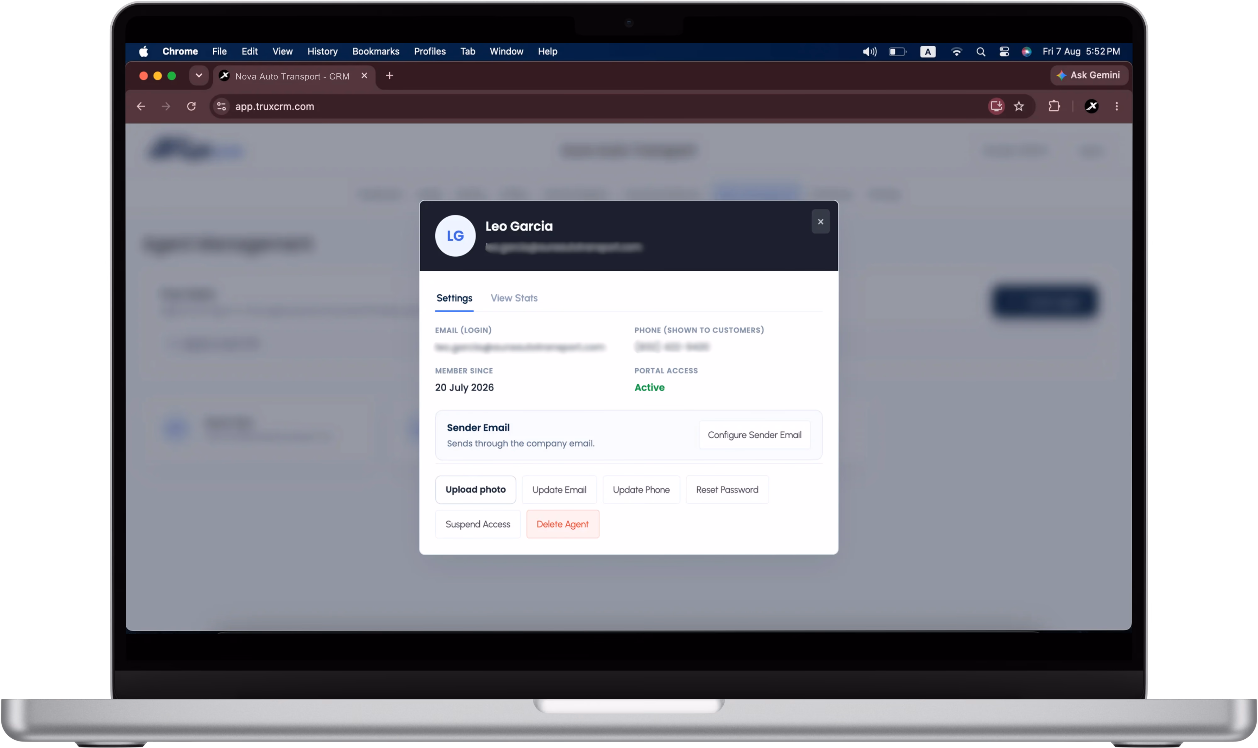 TruxCRM agent settings showing portal access, sender email, and reset controls