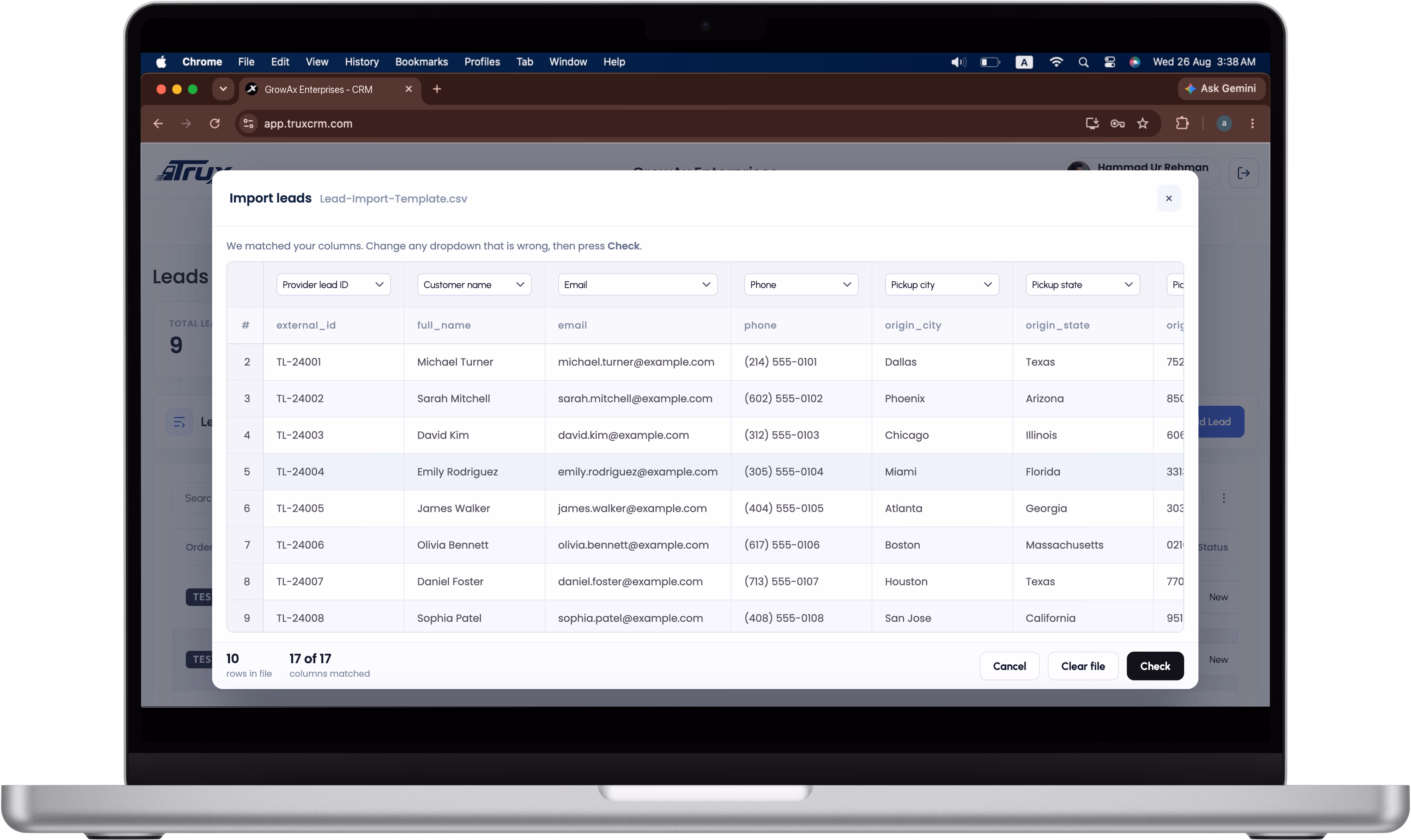 The TruxCRM Import leads window on a laptop, with a CSV file loaded and every column matched to a CRM field