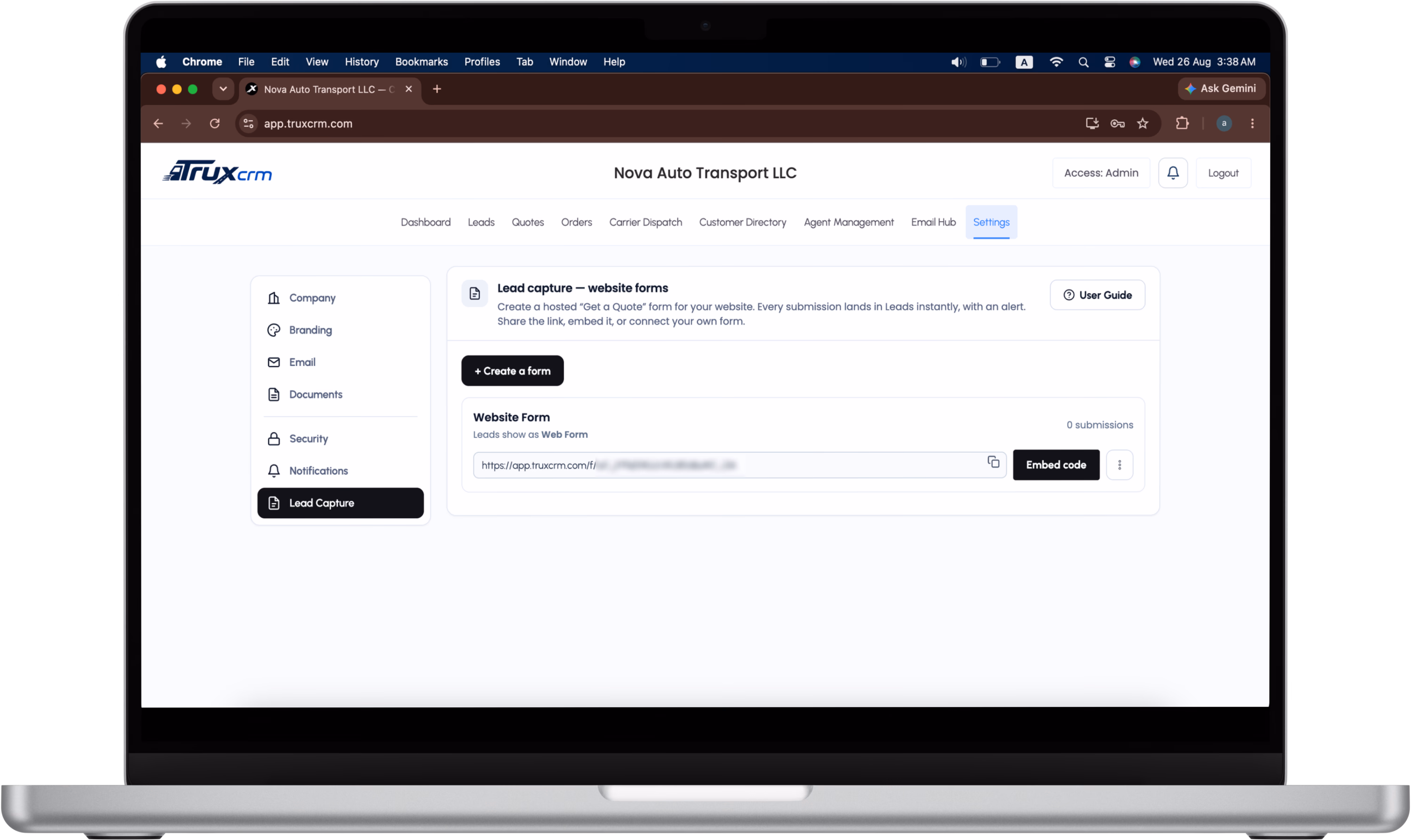TruxCRM Settings on a laptop, open on Lead capture, with a Create a form button and a website form with its link and embed code