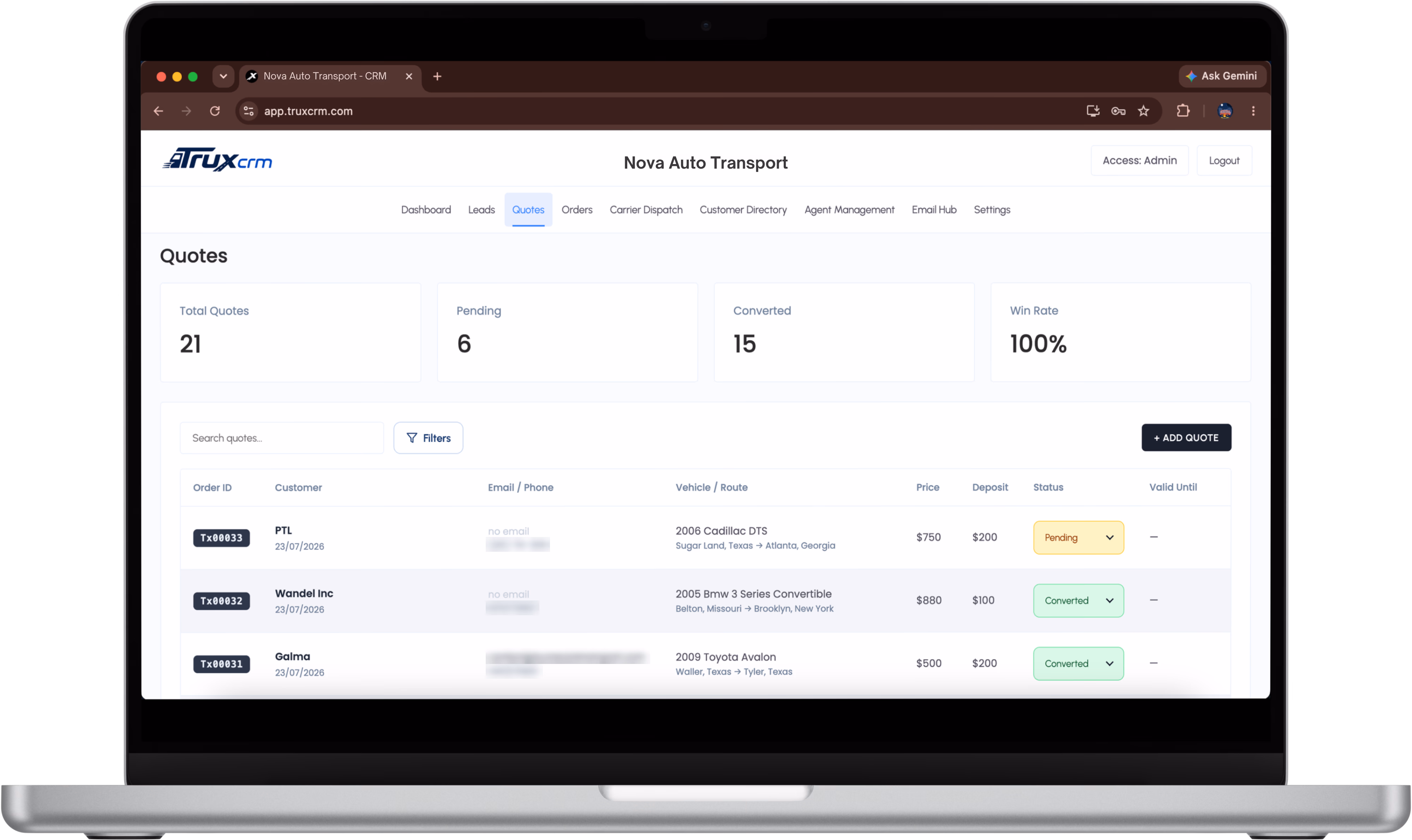 TruxCRM quote list showing total quotes, pending, converted, and win rate