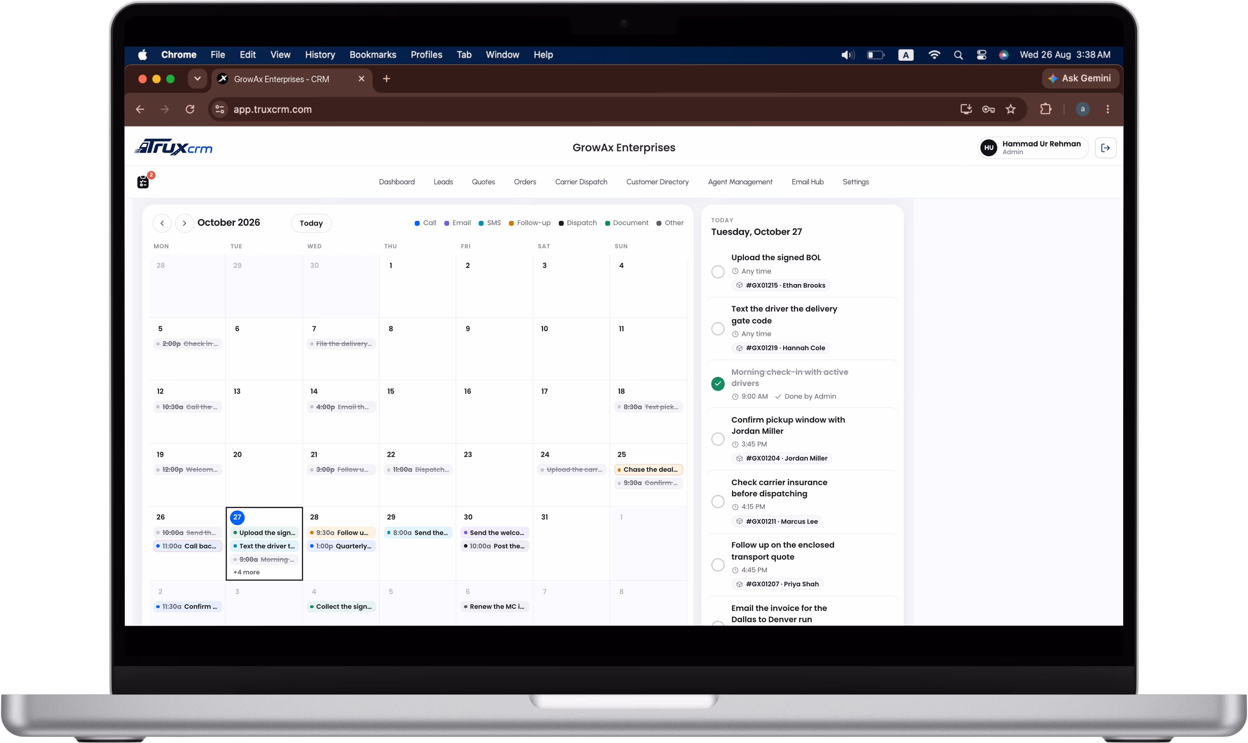 The TruxCRM task calendar for October on a laptop, with colour-coded tasks on each day and today's tasks listed in a side panel.