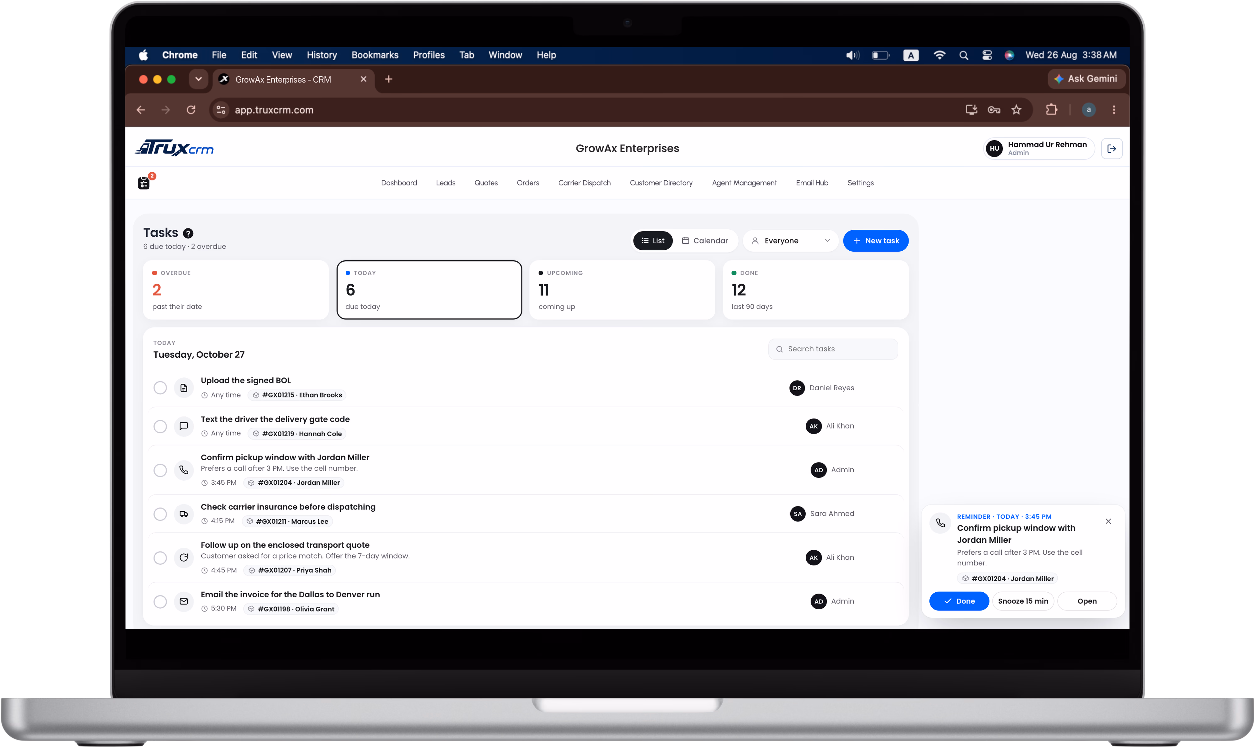 The TruxCRM Tasks page on a laptop, showing six tasks due today, each linked to an order, with a reminder card for a pickup call.
