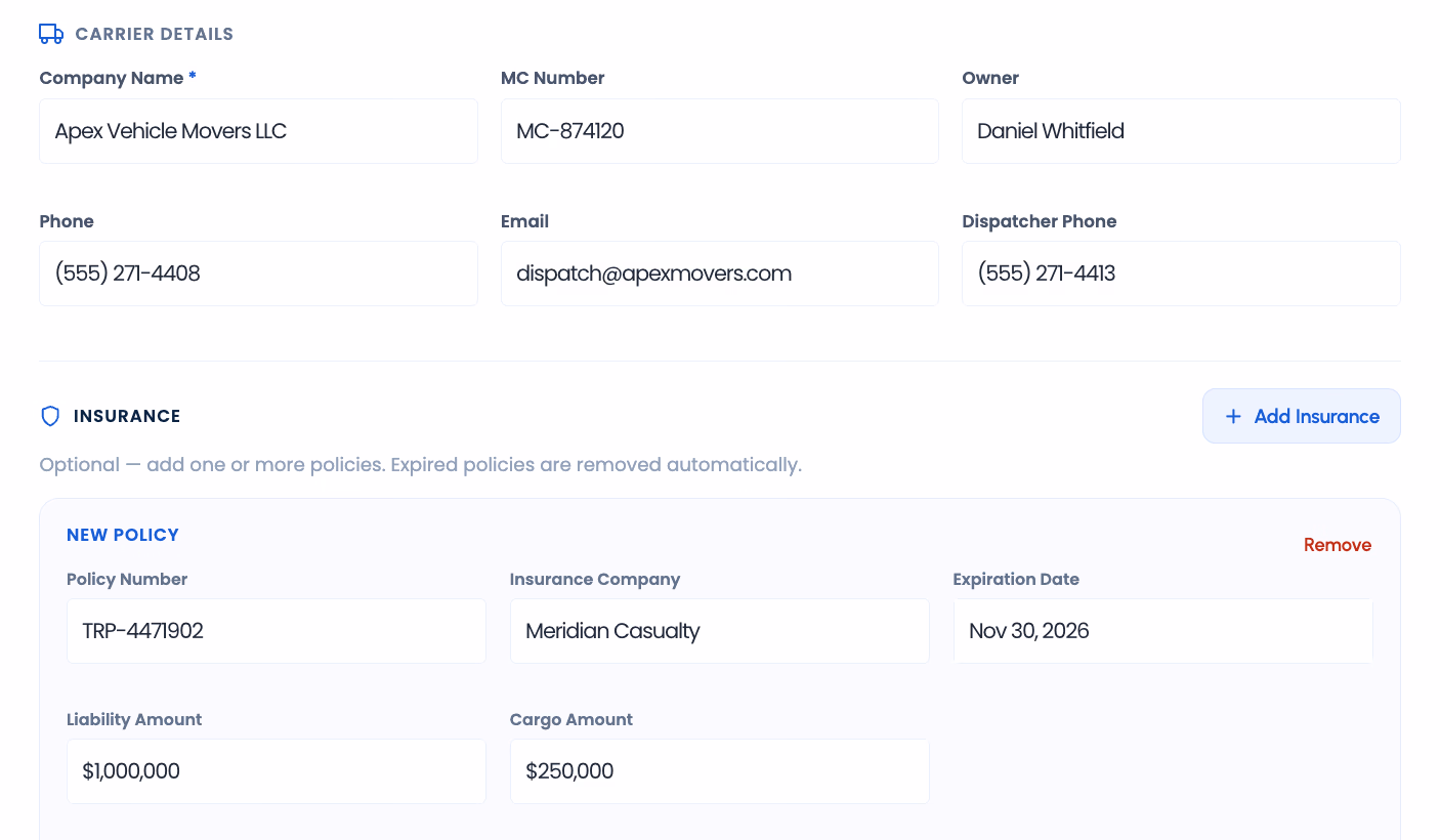 Carrier record in an auto transport CRM with MC number, owner and dispatcher phone, and an insurance policy with expiry date, liability amount of $1,000,000 and cargo amount of $250,000 recorded separately.