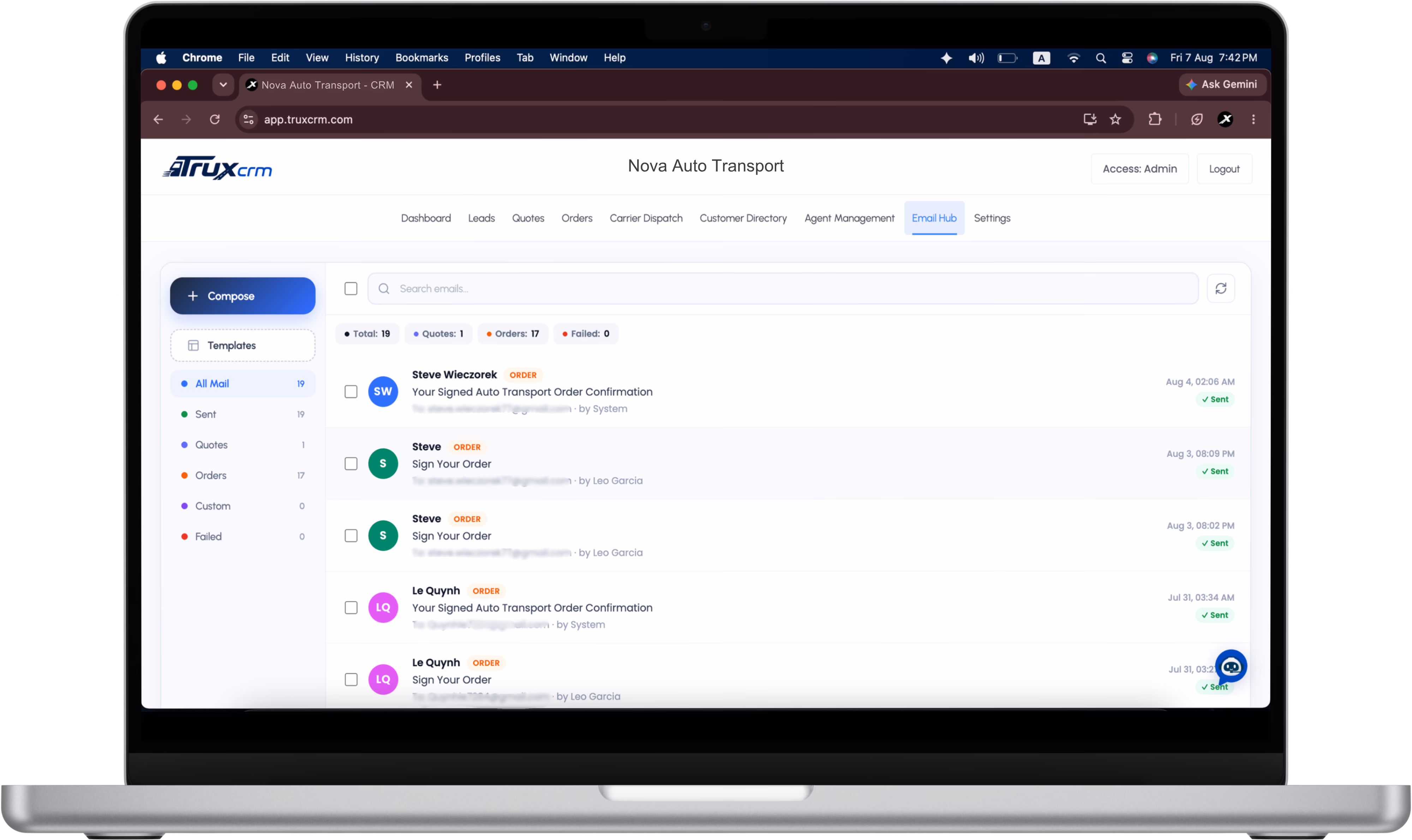 TruxCRM Email Hub & Follow-ups on a desktop screen