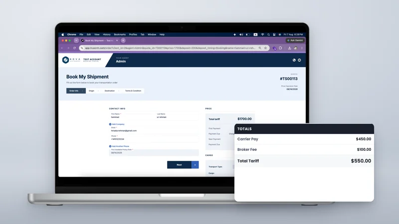 A TruxCRM order on a laptop, with a totals panel showing carrier pay $450, broker fee $100 and total tariff $550