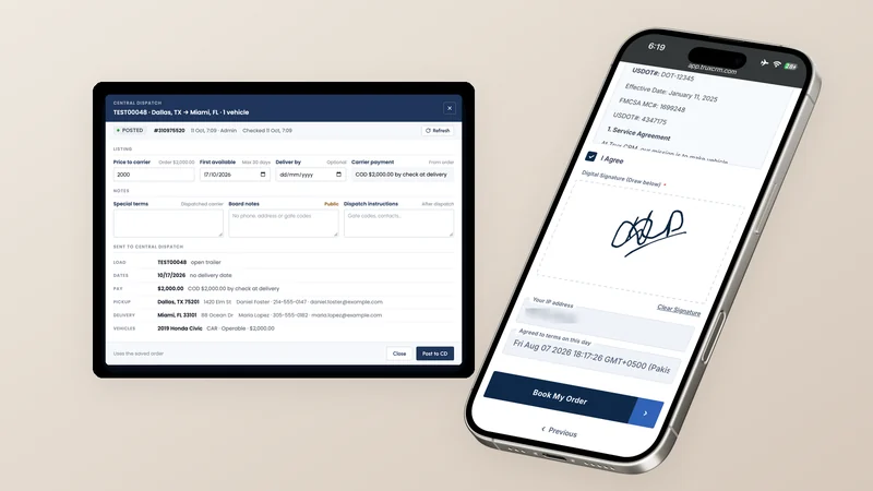 A Central Dispatch posting window from TruxCRM beside a phone showing a customer signing a car shipping agreement with the broker's MC and USDOT numbers