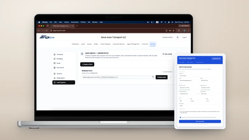 TruxCRM lead capture settings on a laptop, with the branded Get a Free Quote form it generates in front
