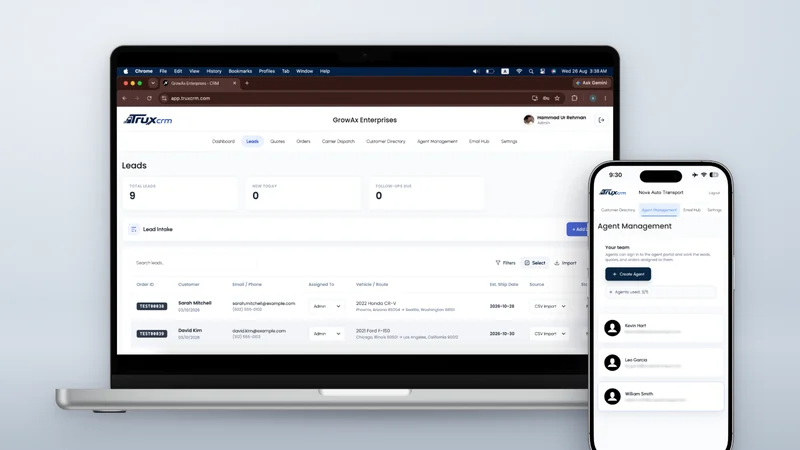 The TruxCRM Leads list on a laptop and Agent Management on a phone