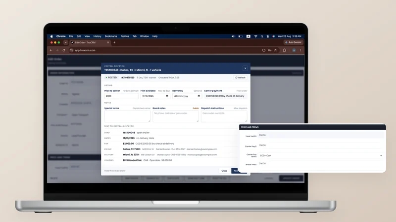 TruxCRM posting an order to Central Dispatch on a laptop, with the order's price and terms in front: $900 total, $700 carrier pay and a $200 broker fee