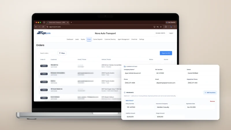 TruxCRM orders on a laptop, with a carrier's MC number and insurance policy shown in front