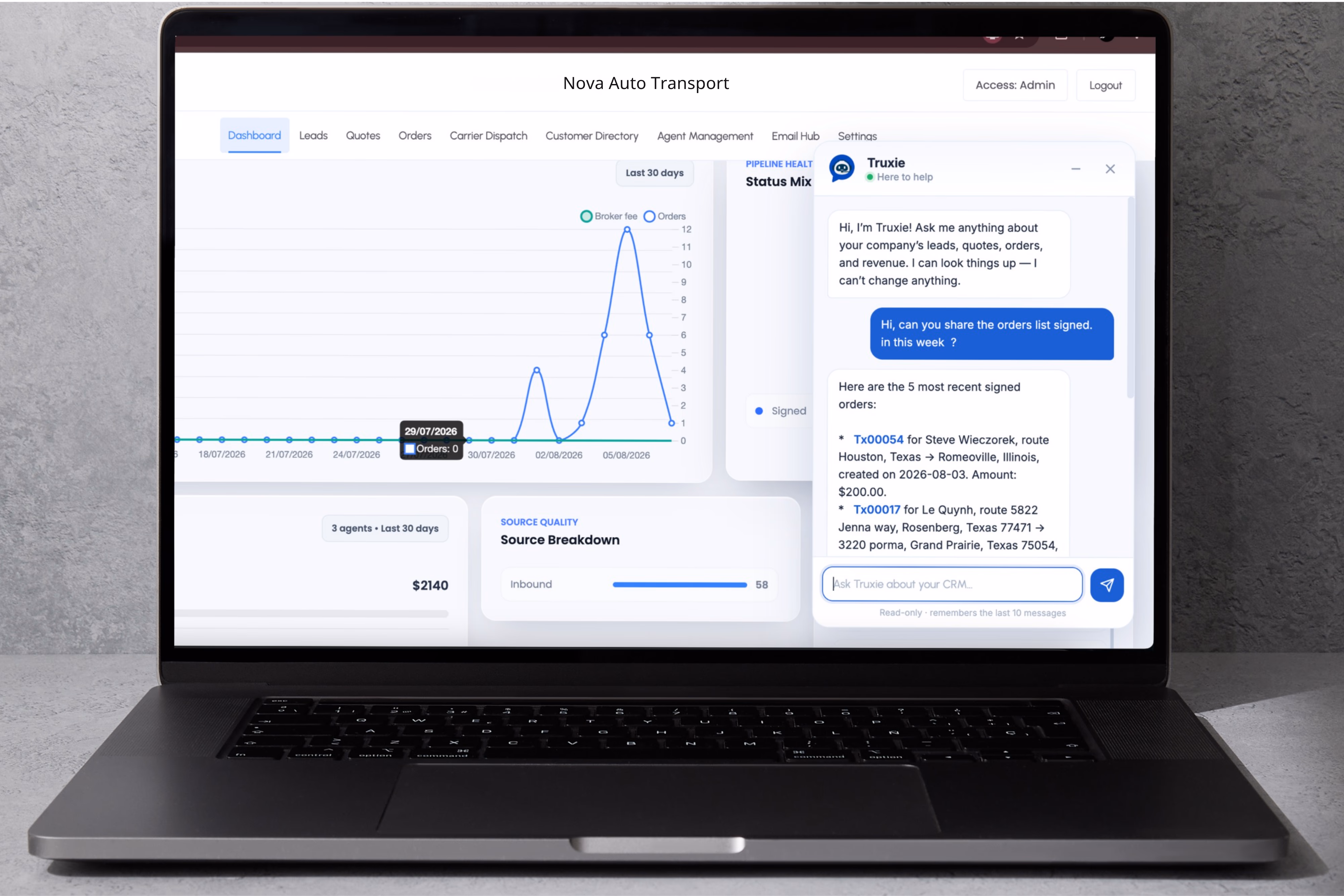 Truxie AI answering an operations question inside TruxCRM
