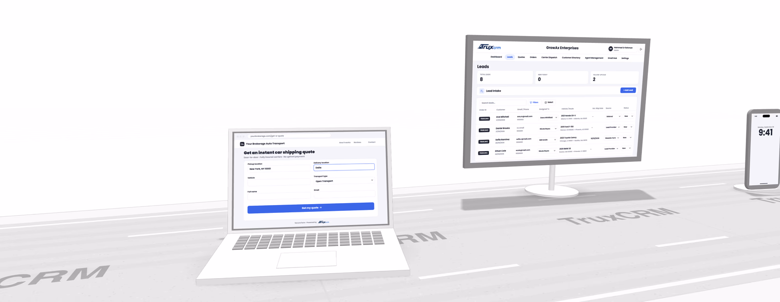 The TruxCRM broker workflow as one connected record: a lead becomes a quote, the customer signs on their phone, the order is dispatched to an insured carrier, and the vehicle is delivered and paid.